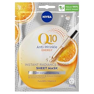 NIVEA Q10 + C Power Anti-Wrinkle + Energy Sheet Mask (1 Piece), Anti Ageing Moisturiser Mask with Vitamin C, Face Mask with Coenzyme Q10, Anti Wrinkle Cream Mask