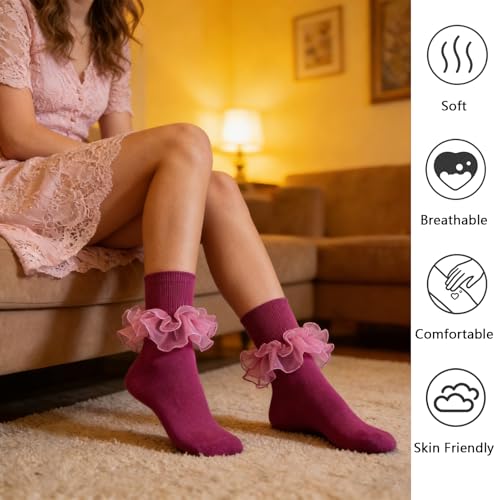 Image of Women Big Ruffle Ankle Socks Adult Double Lace Frilly Socks Fold Cuff Cotton Ruffled Dress Crew Bobby Bride Sock