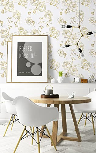 Safiyya 118 "X17.3 Peel And Stick Wallpaper Gold And White Contact Paper Floral Wallpaper Self Adhesive Removable Wallpaper For Walls Furniture Covering Vinyl Rolls #TOP7