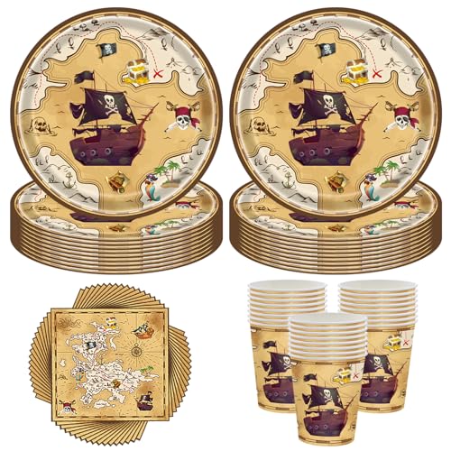 Conjunto de louça pirata LOEPENLE de 60 peças, inclui 20 pratos de 18 cm, 20 chávenas e 20 guardanapos, perfeito para decoração de festa pirata e aniversário, material de papel biodegradável e