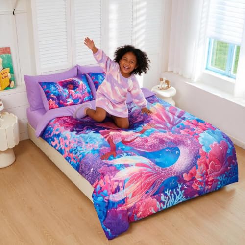 Image of Twin Comforter Set for Girls 5 Piece Mermaid Bedding Set for Girls Super Soft Microfiber Bed Set Bed in a Bag with Comforter Sheets Pillowcase & Sham (5 Piece Twin Size)