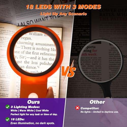 Magnifying Glass with Light and Stand, Foldable Handheld Magnifying Glass 18 LED Illuminated Lighted Magnifier for Macular Degeneration, Seniors Reading, Close Work, Coins, Jewelry Orange - Thumbnail 3