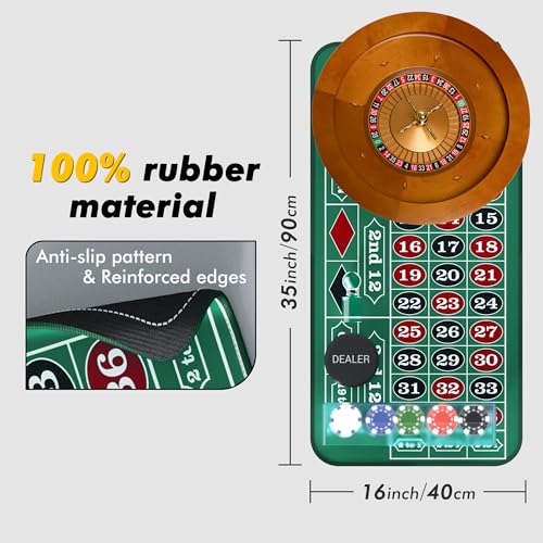 iEsstros Roulette Wheel Set for Adults with Rubber Roulette Table Mat 35\" x 16\" Wood Roulette Wheel 20 Inch 100 Poker Chips Set Win Mark Dealer Button-Green