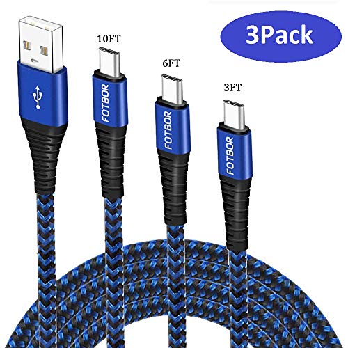 Asstar Galaxy Note 9 Charger Cord, USB Type C Cable Fast Charging (3 Pack 3FT 6FT 10FT) Blue Black Nylon Braided Cord Compatible with Galaxy Note 10 Plus S20 S10 S9 S8 Plus, LG, OnePlus