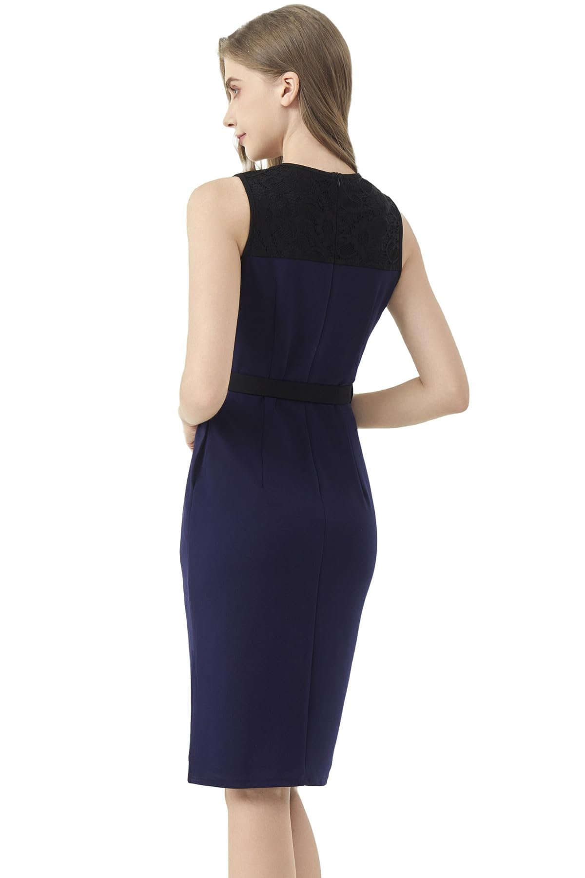 AXOE Damen Business Kleid Vintage mit Sptize Taschen Schlitz Seitlich Ärmellos Bleistiftkleid Elegant Einfarbige für Büro Alltag