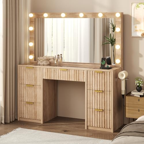 Image of knoworld 47" Fluted Makeup Vanity Desk with Large 42" Mirror and Ajustable LED Lights, Modern Glass Top Big Vanity Table with 7 Drawers, Dressing Table w/Charging Outlet for Bedroom, Natural Oak