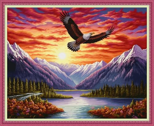 Image of Disnesart Cross Stitch Stamped Full Embroidery Kits DIY 11CT Cotton Thread Printed DIY Needlepoint Kits Craft Needlework Set Cross-Stitch Stamped Sets-Mountain Eagle 16x20 inch