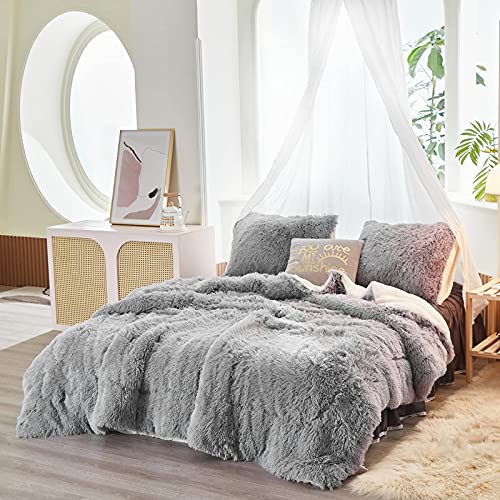 Gray Faux Fur Comforter Set Full / Queen 3 Pieces - 1 Shaggy Comforter 90X90 And 2 Fur Pillowcases, Ultra Soft And Easy Care Sherpa Luxury Plush Super Warm Winter Shaggy Bedding Set #TOP3