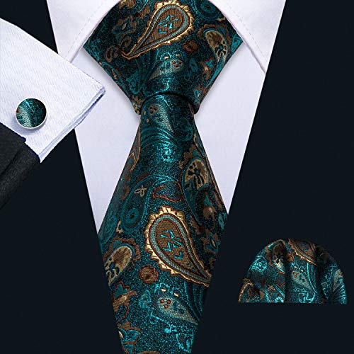 Image of DiBanGu Paisley Ties for Men Silk Necktie and Pocket Square Cufflinks Tie Clip Set Woven Classic Mens Tie for Wedding Party