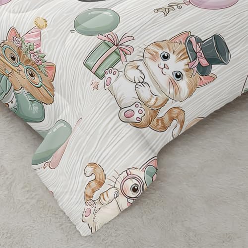 Image of AILONEN Kawaii Kitten Party Comforter Full 3 Piece Bedding Set Teens Girls Room Decor Pastel Cat Balloon Celebration Quilt Animal Print Plush Lightweight All Season Bedspread