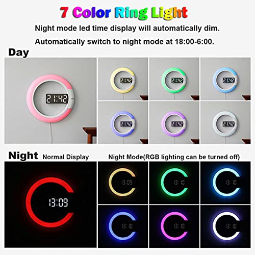 Agek Led Wall Clock, Usb Power Remote Control Digital Wall Clock Creative Led Mirror Wall Clock With Alarm/Temperature Ring Multicolor Light 12 Inch Round Hollow Wall Light With Color Switching #TOP2