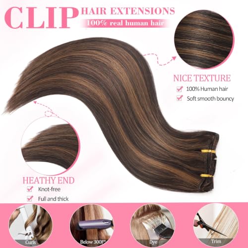 Image of Clip in Hair Extensions Real Human Hair Dark Brown Highlights for Women