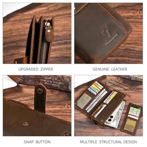 Image of Genuine Crazy Horse Leather Travel Gift Coin Pocket Card Case Long Organizer Chain Rfid Wallet Purse With Snap For Men Male 1803 1815 (W-1821-Brown)