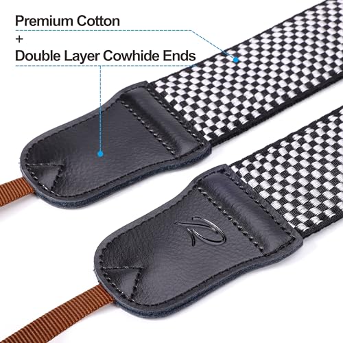 Image of Padwa Lifestyle Black and White Fine Plaid Camera Strap - 2 inch Wide Cowhide Head Cotton Strap,Vintage Check Weave Neck Shoulder & Crossbody Camera Straps for Photographers Gift and All DSLR Cameras