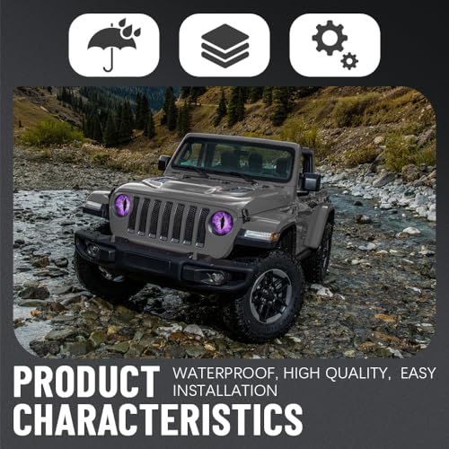 Image of 2PCS Beast Eyes Headlight Decals, 3D Stereo Eyes Headlight Decal Stickers, Car Body Window Bumper Decoration Stickers, Car Accessories Round Headlight Decal for Jeep Wrangler (Purple)