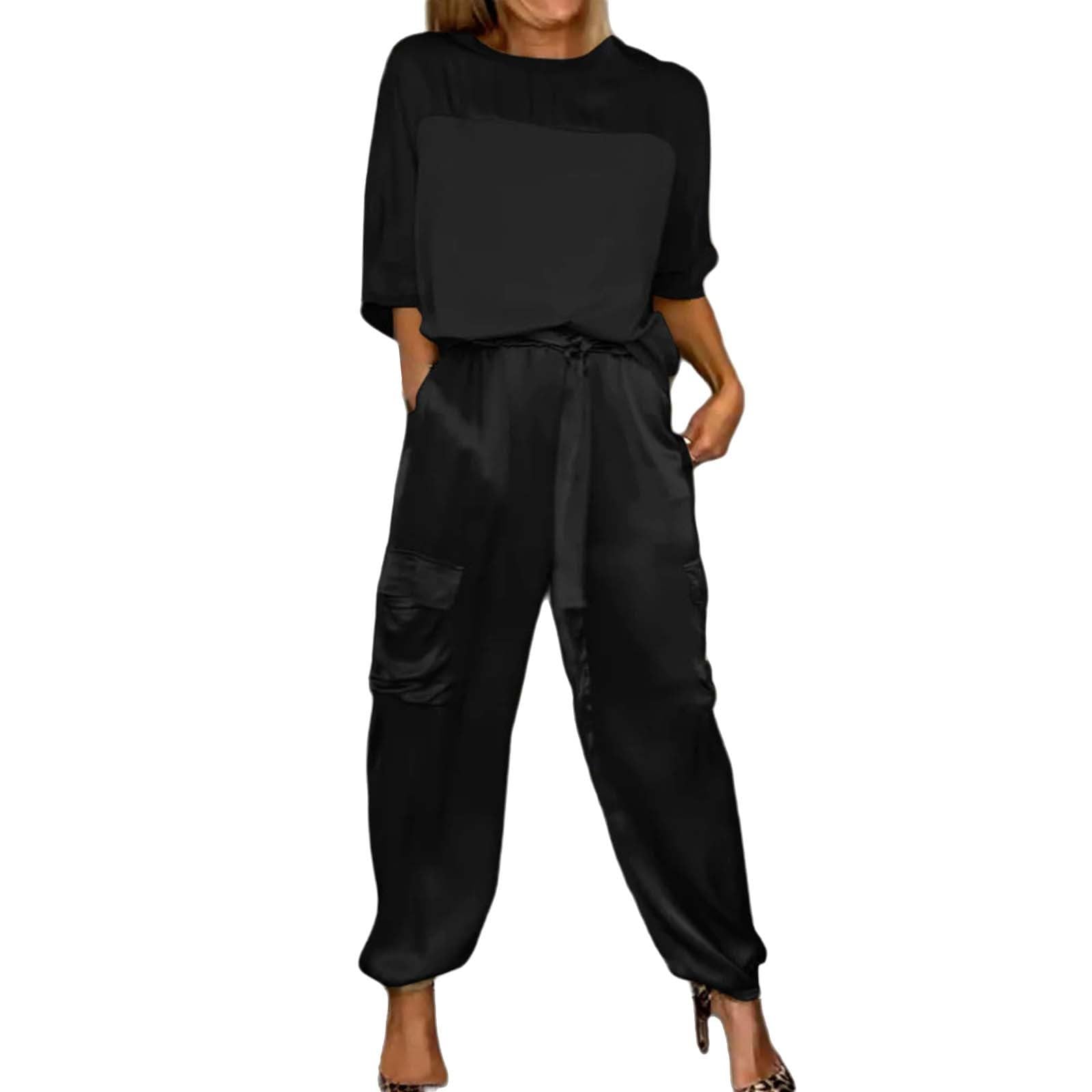 Ensemble Haut et Pantalon en Satin Lisse pour Femme, Tenue décontractée en Satin 2 pièces, Jogging à Manches Courtes, Ensemble Femme Chic et Elegant, Ensemble Jogging Femme