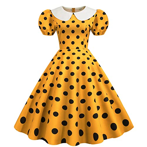 Damen-Kleid mit V-Ausschnitt 50er 60er Jahre Kurzarm Polka Dots Coctailkleid Vintage Swing Fashion Kleider Ballkleid Faltenrock Knielang Tunika...