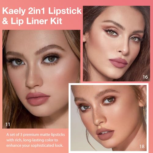 Image of Kaely 3Pcs Gradient Matte Lipstick Lip Liner Pencil Set for Women, 2in1 Flawless Contour Gradual Ombre Effect Lip Pencil Makeup Waterproof, labiales mate 24 horas originales, 11+16+18