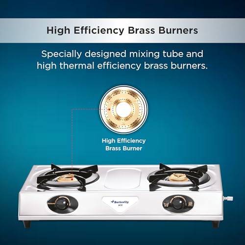 Image of Butterfly Ace 2 Burner Stainless Steel Gas Stove | Sturdy Pan Support| Rubber Legs| Silver