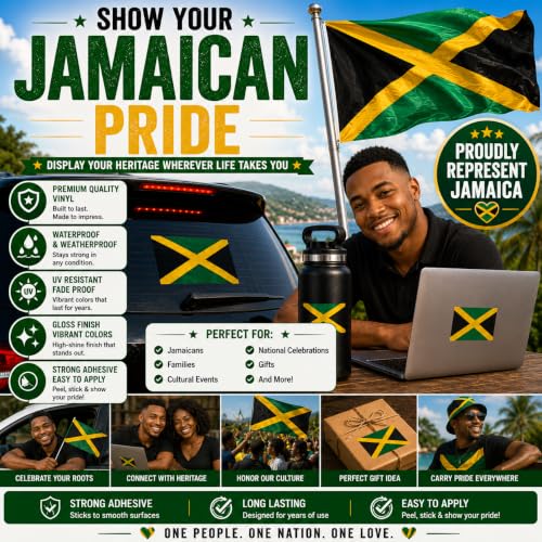 Image of Jamaican Flag Vinyl Flag Stickers, Car Decals, Waterproof Indoor Outdoor, Laptop Stickers, Car Bumper, Jamaica Flag, 5 x 3 Inches, Set of 3