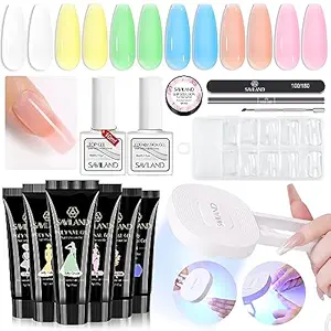 Saviland 6 Colors Poly Gel Nail Kit – Pink Series Extension Gel with 36W Portable Handheld Mini U V LED Lamp for Curing, All-in-1 French Manicure Starter Nail Kit for Home DIY