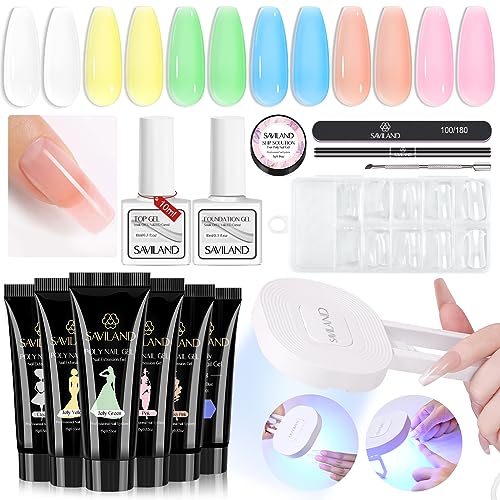 Saviland 6 Colors Poly Gel Nail Kit – Pink Series Extension Gel with 36W Portable Handheld Mini U V LED Lamp for Curing, All-in-1 French Manicure Starter Nail Kit for Home DIY