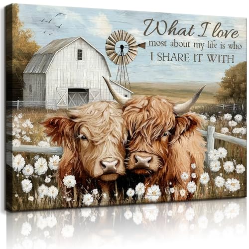 Farmhouse Highland Cow Canvas Wall Art Vintage Rustic...