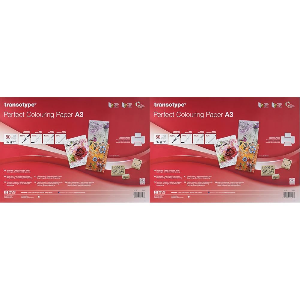 transotype Perfect Colouring Paper, Markerpapier DIN A3, 250 g/qm, 50 Blatt, für Farbverläufe, Manga-Zeichnungen, Card-Making und Scrapbooking, geeignet für Laserdrucker (Packung mit 2)