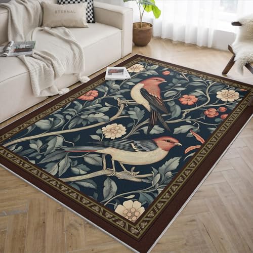 Tapis poil bas 160x230 vintage oiseau et fleur pour une entrée style nature