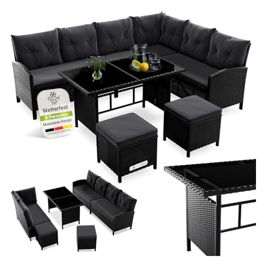 Juskys Polyrattan Lounge Manacor mit Ecksofa, Esstisch, 2 Hocker & Kissen - wetterfest bis 7 Personen - Bezüge waschbar - Rattan Garten Sitzgruppe Gartenlounge Gartenmöbel Set - Schwarz/Grau