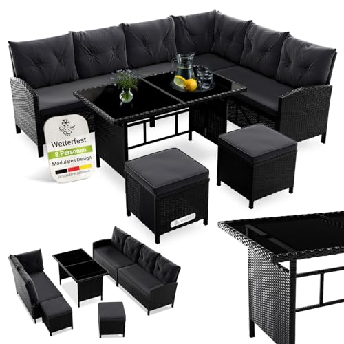 Juskys Polyrattan Lounge Manacor mit Ecksofa, Esstisch, 2 Hocker & Kissen - wetterfest bis 7 Personen - Bezüge waschbar - Rattan Garten Sitzgruppe Gartenlounge Gartenmöbel Set - Schwarz/Grau