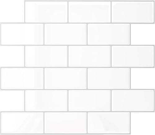 VEELIKE Azulejo blanco para salpicaduras de metro con lechada plateada para despegar y pegar para cocina, 24 hojas adhesivas impermeables de