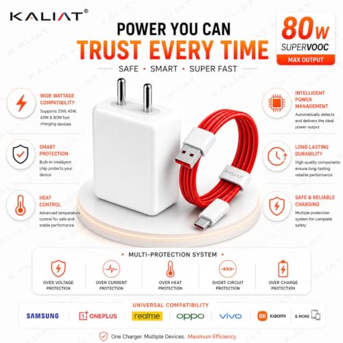 Image of C Type Charger Cable Fast Charging - 80W | USB-A Charger with 1M Type C Cable | Warp /Dart Charge Compatible with OnePlus Mobile & Other Type C Devices | Fast Data Sync & Smart Protection Chip