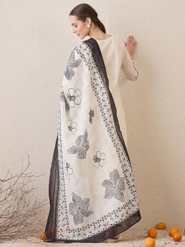 Image of INDO ERA Women's Straight Linen Floral Embroidered Kurta & Pant With Dupatta Set (IESTR10640)
