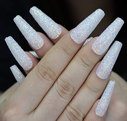 Misud Glitter False Nails, Long Coffin Fake Nails, White Press On Nails, Ballerina Shape Acrylic Nails For Women & Girls #TOP1