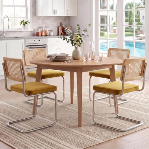 Image of Zesthouse Dining Chairs Set of 4, Natural Rattan Accent Chairs with Solid Wood Back & Stainless Chrome Base, Mid Century Modern Breuer Design Inspired, Upholstered Velvet Kitchen Chairs, Yellow