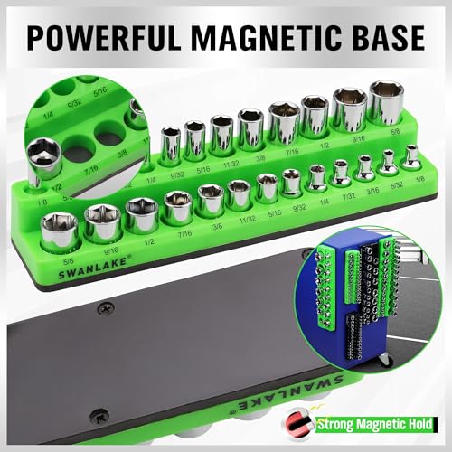 Image of Magnetic Socket Organizer Set, 6-piece 1 /4 inch, 3 /8 inch, 1 /2 inch SAE & Metric Sockets Holder, Drive Socket Trays, Storage Tool Box, Holding 143 Slots, Soft Rubber Covering Black Green Tools