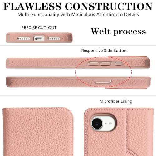 Image of Detachable Genuine Leather Case for iPhone 16e / iPhone 17e Wallet Case Magnetic 2in1 Removable Flip Cover Book Purse Compatible with Magsafe Charging Kickstand Card Holder-Pink