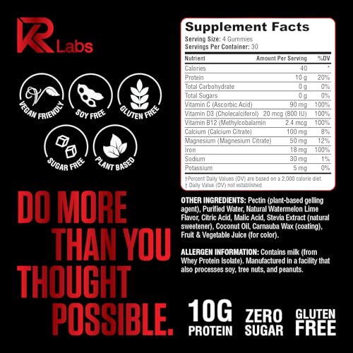 Image of Zero Carb 100% Pure Whey Isolate Protein Gummies | 300g Total Protein per Bag | 10g per Serving Plant Based with Vitamins for Men & Women | Gluten Free Non-GMO | Watermelon Lime | 120 Count