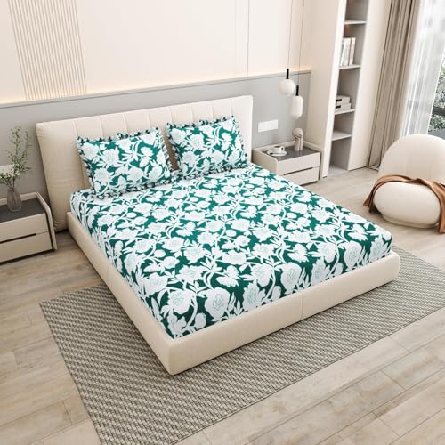 Image of 380 TC Premium Glace Cotton Elastic Fitted Bedsheet King Size with 2 Pillow Covers King Size | Double Bed with All Around Elastic (GreenWhite), Fitted - 72 inchx78 inch King