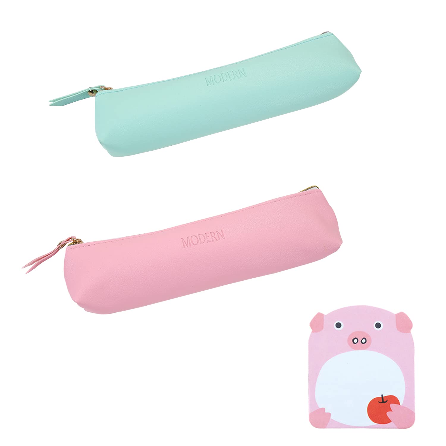 BEIIEB 2 Piezas Estuche de lápices de Cuero de Bolsa de papelería con 20 Notas Adhesivas, para papelería, Pinceles de Maquillaje, artículos de tocador, Adecuado para niños y niñas (Verde, Rosa)