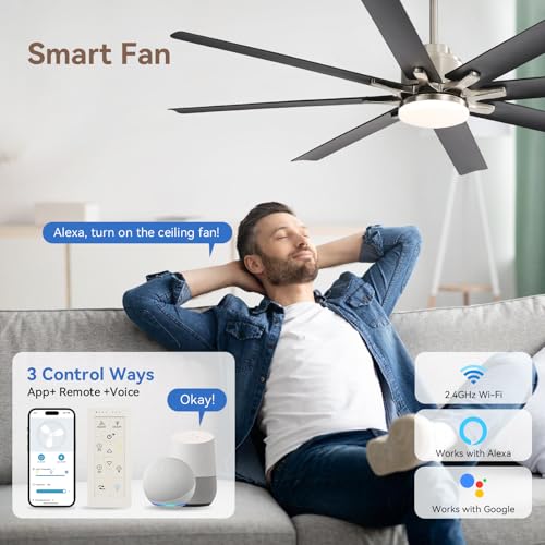 Image of Sofucor Smart Ceiling Fans with Lights, 52'' Ceiling Fan with Light and Remote, Work with Alexa /Google, Black Indoor /Outdoor Ceiling Fan, Quiet DC Motor, 3CCT, 8 Blades Ceiling Fans for Bedroom Patio