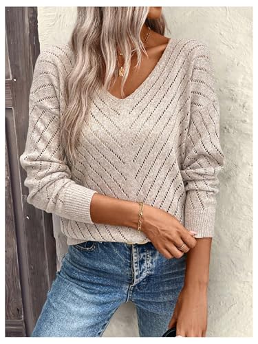 Women's Hollow Out Pullover Sweaters Vintage Lightweight V Neck Long Sleeve Oversize Knit Tops4
