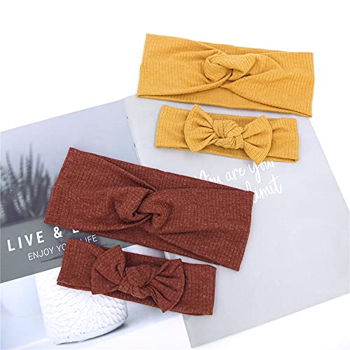 Sugarmelon Mommy and Me Headband Set Mother Baby Matching Turban Headband for Toddler Baby Girls Women Scrunchies Hair Bow Hairbands (Mustard and Golden Brown)2