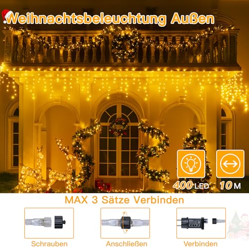 Ollny Eisregen Lichterkette Außen 10m 400 LED Lichterkette außen Strom mit Fernbedienung, wasserdicht Weihnachtsbeleuchtung außen mit Timer 8 Modi für Balkon Weihnachten Haus Carport(warmweiß)