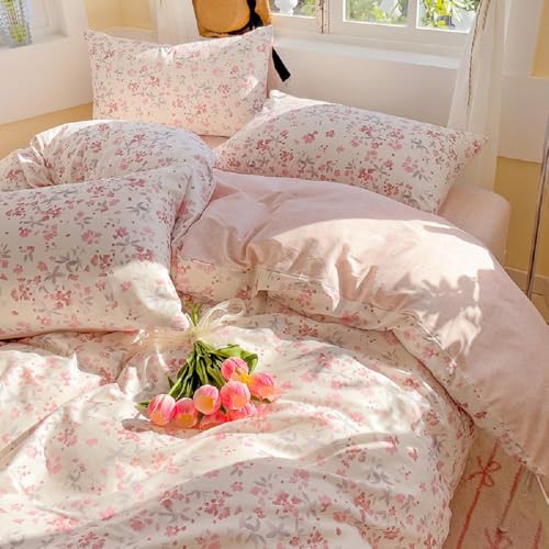 Freyamy Housse de Couette 220x240 Rose Feuilles Floral Parure de lit 2 Personne en Microfibre avec Fermeture Éclair Réversible Linge de Lit Fleurie avec 2...