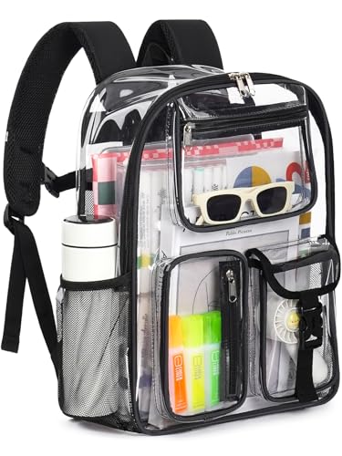Image of Heavy Duty Clear Backpack For School, 17 Inch Large Clear Bookbag For Kids Boys Girls Women Men, 360 3M Reflective Strips See Through Backpack, Multi-Pockets Tranparent Bag, College Work, Black