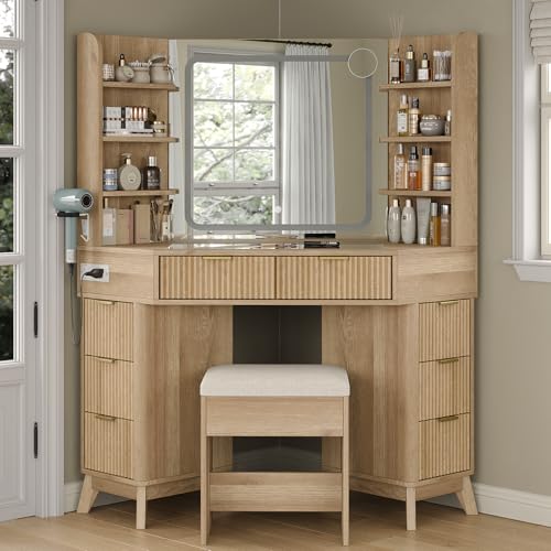 Yanosaku Corner Vanity Desk with Mirror and Lights 8 Drawers & 6 Shelves 47 Fluted Vanity with Charging Station Glass Top 3 Color Lighting Modes Makeup Vanity with Chair for Bedroom Oak