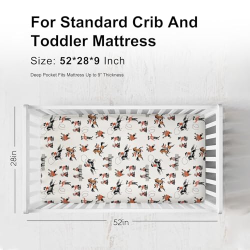 Image of Cute Western Cowboy Cowgirl Baby Crib Sheets for Boys Girls 52 inchx28 inch Country Western Horse Soft Breathable Snug Fitted Crib Mattress Covers Music Baby Sheet Fits Standard Crib and Toddler Mattresses