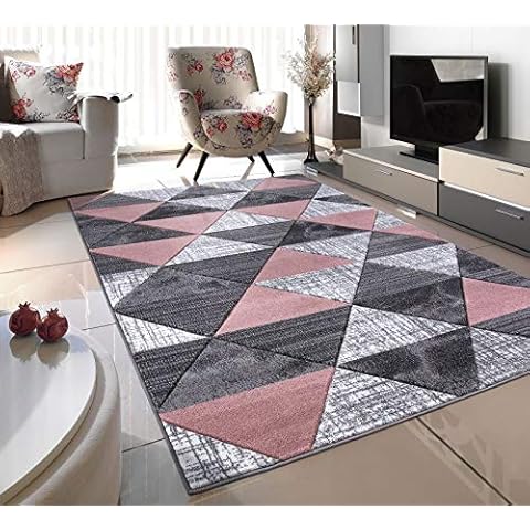 BLUSH PINK SILVER CREAM GREY GEOMETRIC SMALL MEDIUM XX LARGE RUG NEW MODERN SOFT THICK CARVED CARPET NON SHED RUNNER BEDROOM LIVING ROOM AREA RUG MAT (60 x 120 cms) Cover
